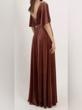 Jenny Yoo Chocolate Brown Velvet Maxi Dress with Flutter Sleeves y26